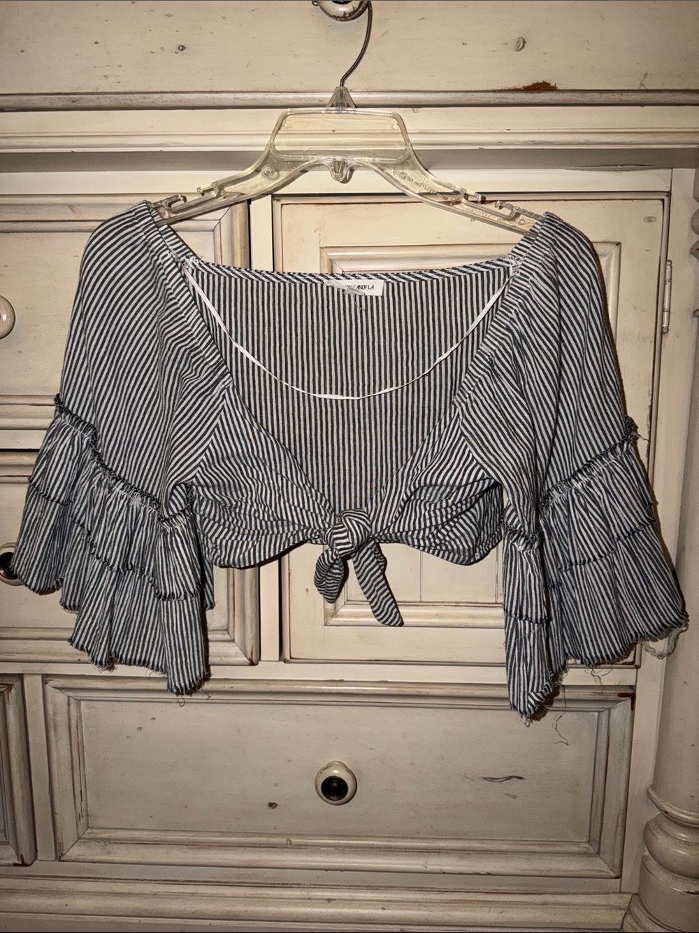 Cotton Candy Black & White Striped Tie-Front Ruffle Crop Top